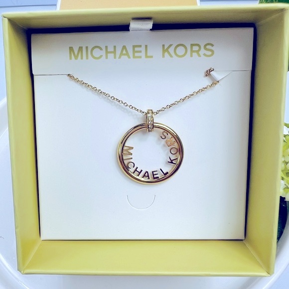 Michael Kors Gold Tone Logo Pendant With Rhinestone Accent Necklace NWT - Picture 2 of 10